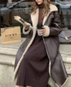 Krystal Shearling Zipper Closure Brown Leather Long Coat 1