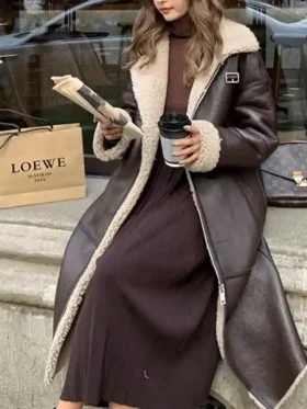 Krystal Shearling Zipper Closure Brown Leather Long Coat 1