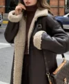 Krystal Womens Shearling Zipper Closure Brown Leather Long Coat 1