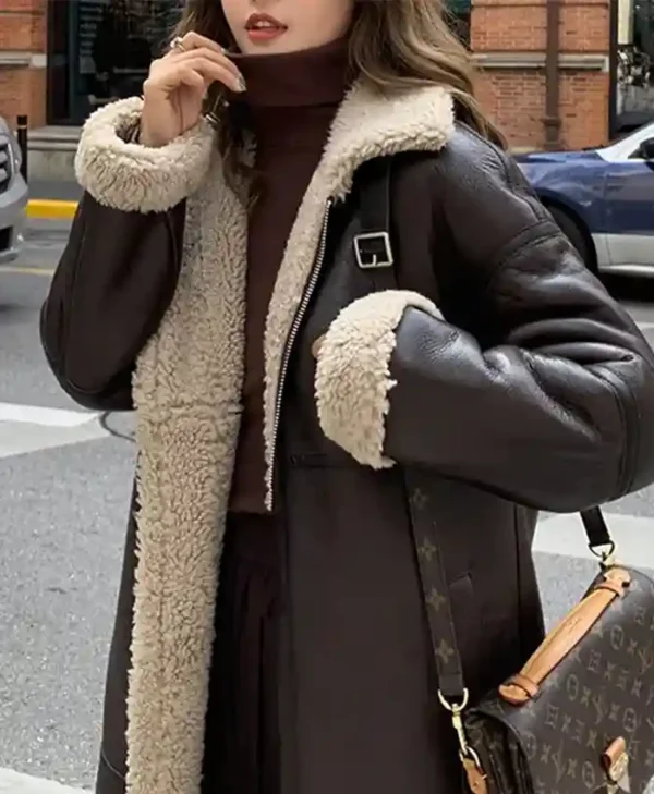 Krystal Women's Shearling Zipper Closure Brown Leather Long Coat