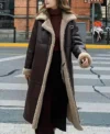 Krystal Womens Shearling Zipper Closure Brown Leather Long Coat On Sale