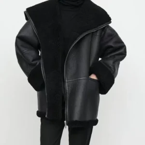Lucy B3 Bomber Shearling Sheepskin Black Leather Jacket