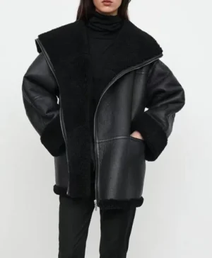 Lucy B3 Bomber Shearling Sheepskin Black Leather Jacket