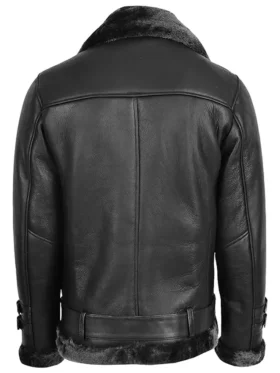 Real Sheepskin Aviator Black Biker Belted Jacket back