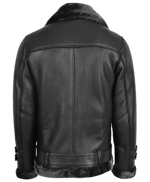 Real Sheepskin Aviator Black Biker Belted Jacket back