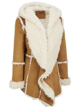 Robyn Womens Brown Shearling Sheepskin Hooded Long Coat