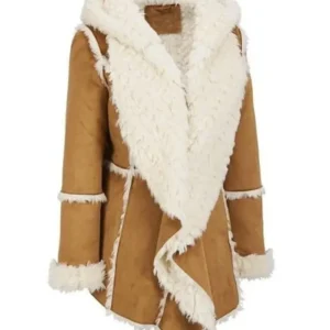 Robyn Womens Brown Shearling Sheepskin Hooded Long Coat
