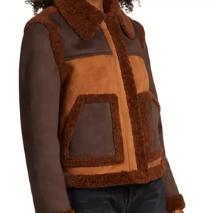 Suede Leather Shearling Womens Brown Jacket
