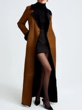 Theresa Shearling Suede Leather One Botton Long Coat