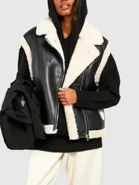 Tina Womens Shearling Aviator Black Leather Jacket