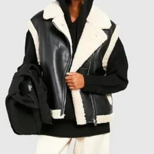 Tina Womens Shearling Aviator Black Leather Jacket