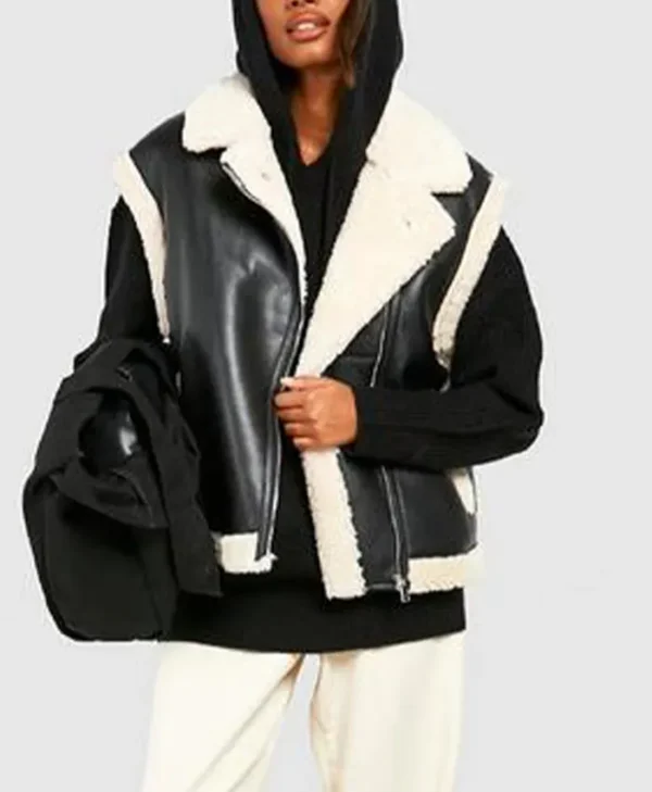 Tina Women's Shearling Aviator Black Leather Jacket