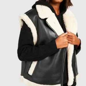 Tina Womens Shearling Aviator Sleeveless Leather Jacket