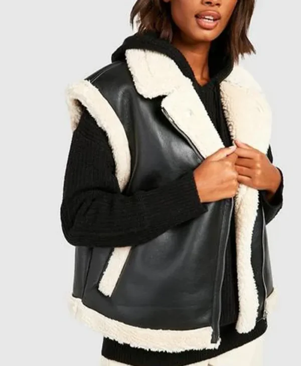 Tina Women's Shearling Aviator Sleeveless Leather Jacket