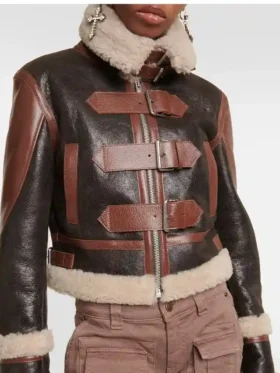 Wilma Shearling Aviator Leather Three Belted Closure Bomber Jacket