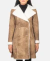 Zoe Womens Distressed Shearling Double Breasted Long Coat
