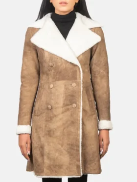 Zoe Womens Distressed Shearling Double Breasted Long Coat