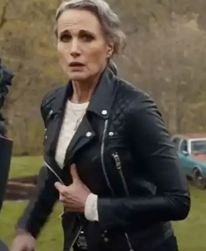 Andie MacDowell Red Right Hand 2024 Black Leather Jacket For Sale