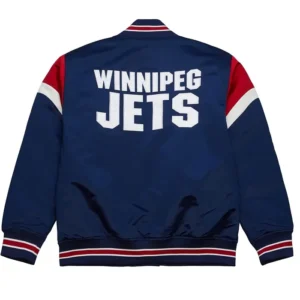 Antonio Winnipeg Jets Heavyweight Navy Satin Varsity Jacket Back