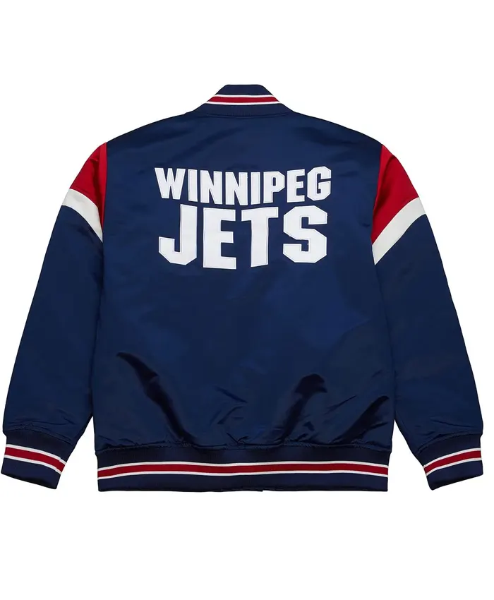 Antonio Winnipeg Jets Heavyweight Navy Satin Varsity Jacket Back