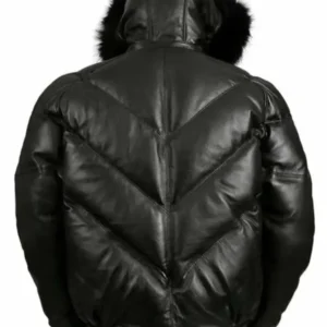 Black Leather Hooded V Bomber Jacket 