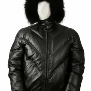 Black Leather Hooded V Bomber Jacket On Sale