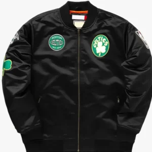 Boston Celtics Bomber Black Satin Bomber Jacket