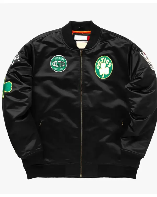Boston Celtics Bomber Black Satin Bomber Jacket