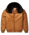 Brown Faux Fur Leather V Bomber Jacket