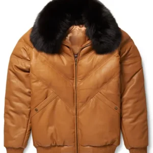 Brown Faux Fur Leather V Bomber Jacket