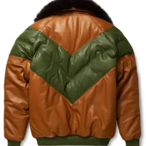 Brown and Green Fur Leather V Bomber Jacket