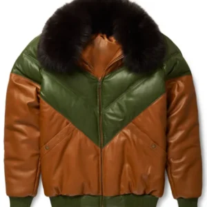 Buy Brown and Green Fur Leather V Bomber Jacket