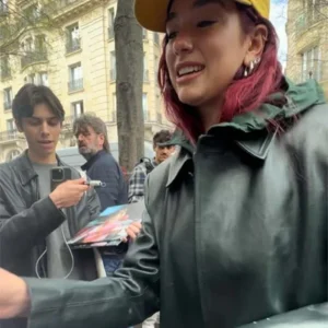 Buy Dua Lipa Black Leather Long Coat