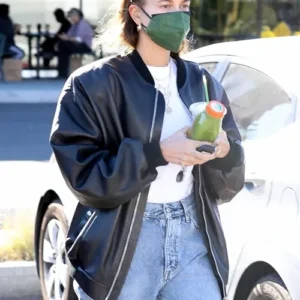 Buy Hailey Bieber Leather Bomber Jacket