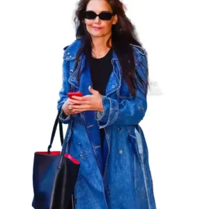 Buy Katie Holmes Denim Studded Blue Leather Trench Coat