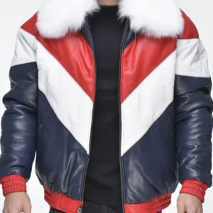 Buy V Bomber Jacket with Detachable White Faux Collar