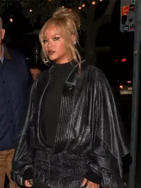 Celebrity Rihanna Oversized Black Leather Cape Jacket