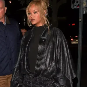 Celebrity Rihanna Oversized Black Leather Cape Jacket