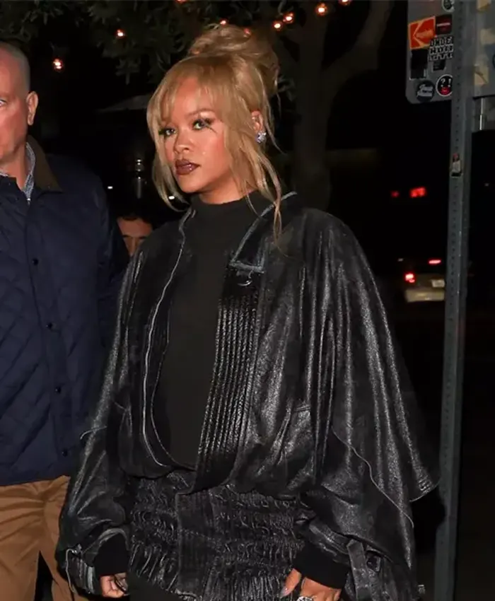 Rihanna Oversized Black Leather Cape Jacket