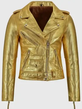 Cheryl Golden Metallic Biker Jacket For Sale