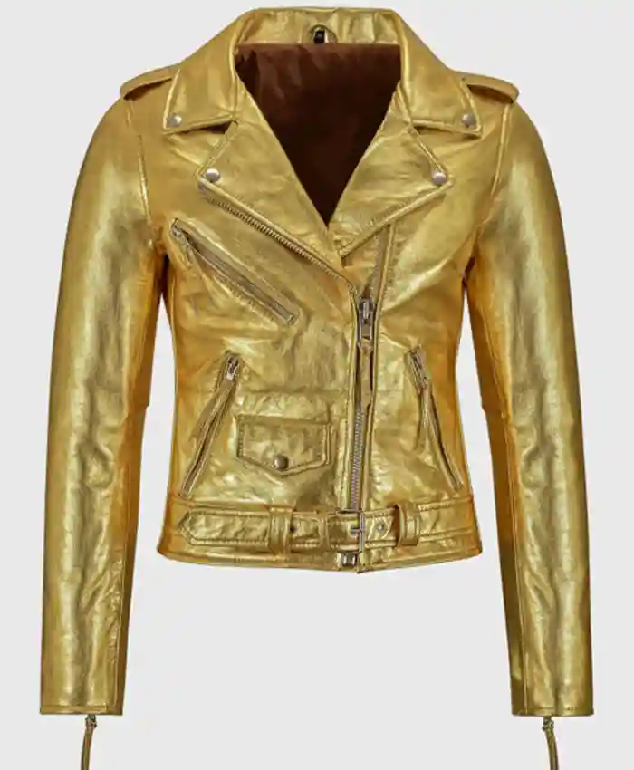 Cheryl Golden Metallic Biker Jacket For Sale