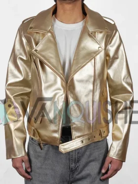 Cheryl Golden Metallic Biker Jacket front open