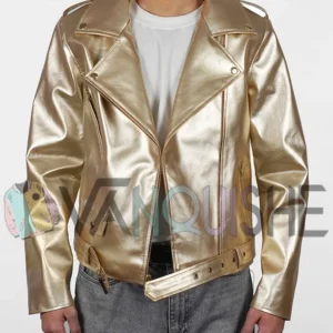 Cheryl Golden Metallic Biker Jacket front open
