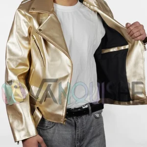 Cheryl Golden Metallic Biker Jacket left open