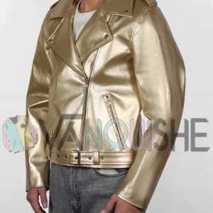 Cheryl Golden Metallic Biker Jacket leftt