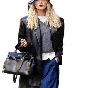 Elsa Hosk Street Style Black Leather Trench Coat