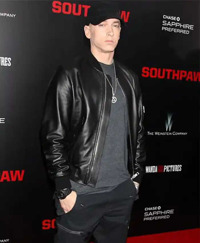 Eminem Black Leather Bomber Jacket On Sale
