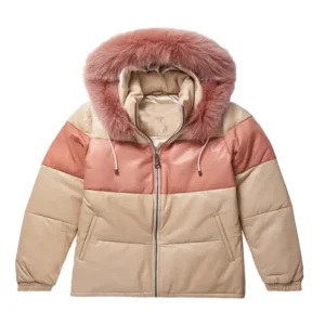 Fur Hooded Pink Leather V Bomber Jacket