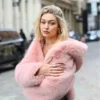 Gigi Hadid Hooded Pink Faux Fur Jacket On Sale