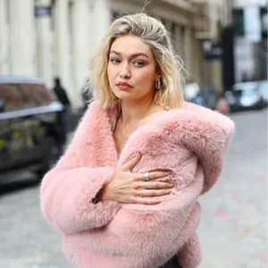 Gigi Hadid Hooded Pink Faux Fur Jacket On Sale 